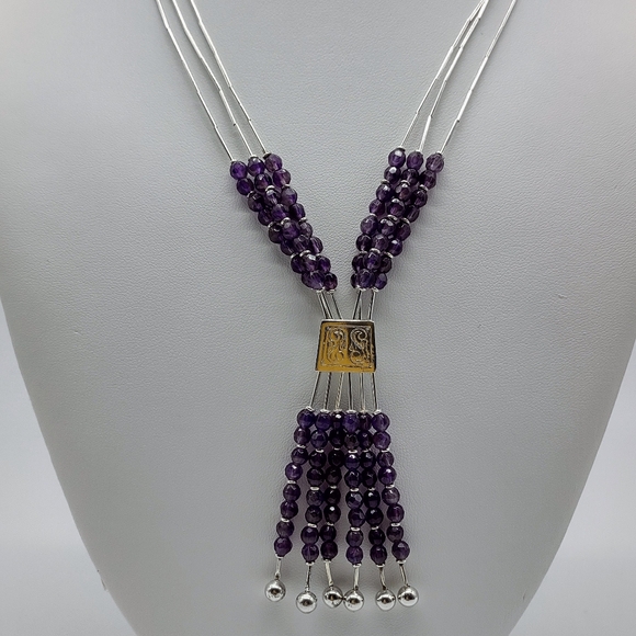 Vintage Sterling Liquid Silver Amethyst Tassel Necklace - Picture 9 of 11